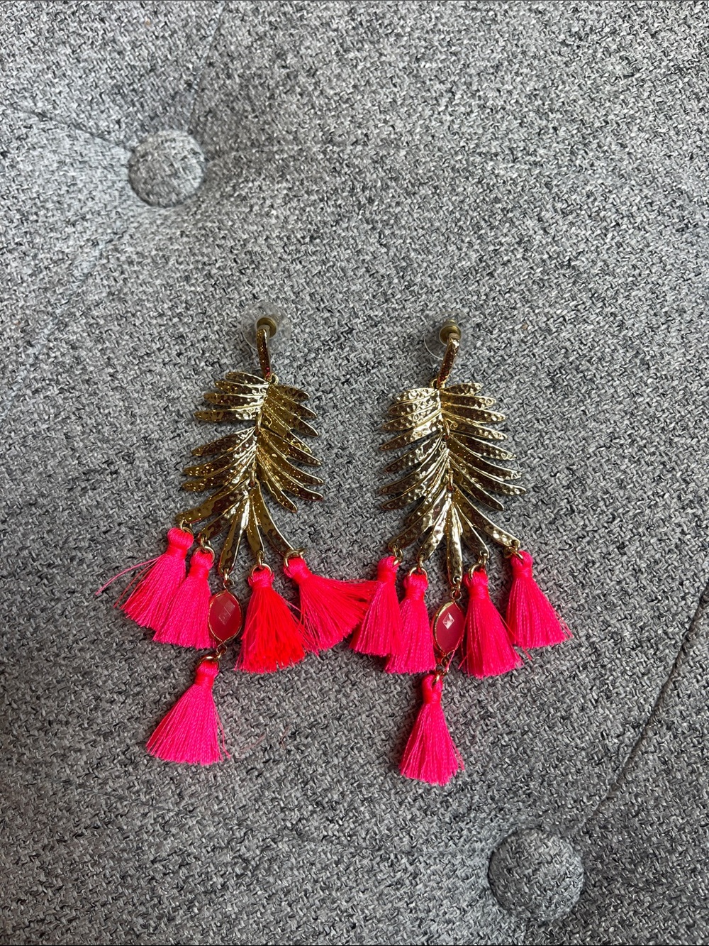 Gold Leaf Drop Earrings with Hot Pink Tassels